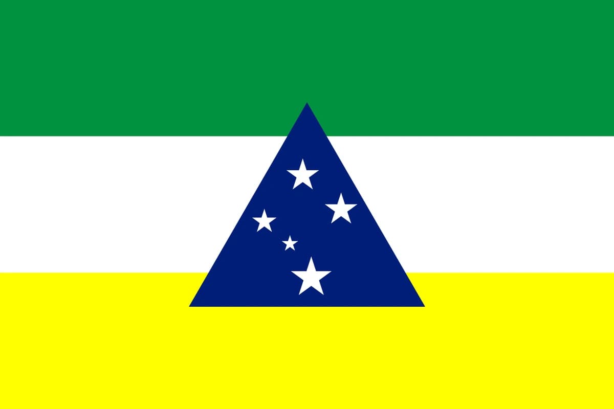 Bandeira de Tefé: três faixas horizontais de igual largura — verde em cima, branca no meio e amarela embaixo — com um triângulo equilátero azul-escuro ao centro contendo as cinco estrelas brancas do Cruzeiro do Sul
