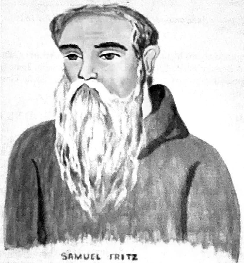 Retrato desenhado do padre Samuel Fritz, de barba longa e branca e hábito religioso com capuz