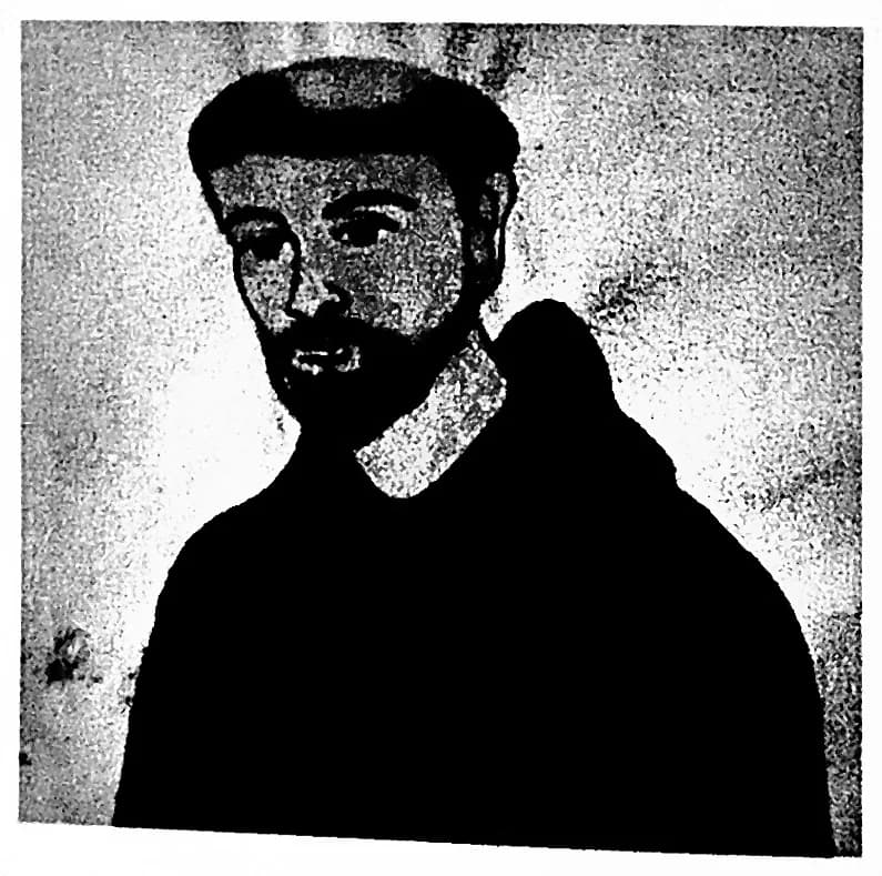 Retrato desenhado de frei André da Costa, missionário carmelita de hábito e capuz