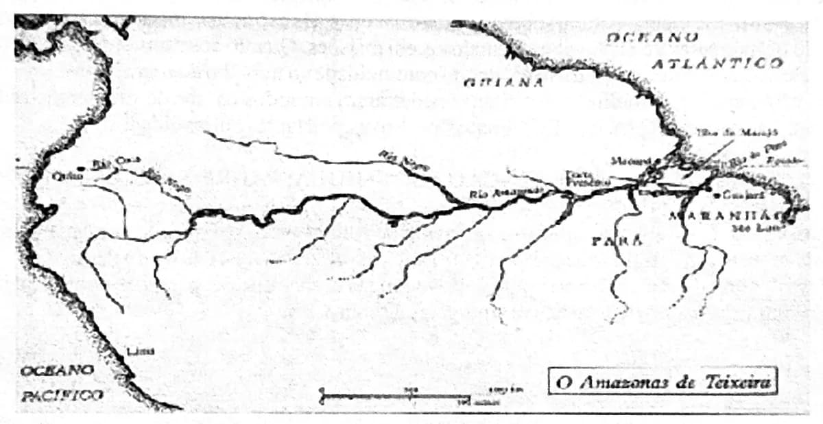 Mapa histórico do rio Amazonas levantado pela expedição de Pedro Teixeira entre 1637 e 1639