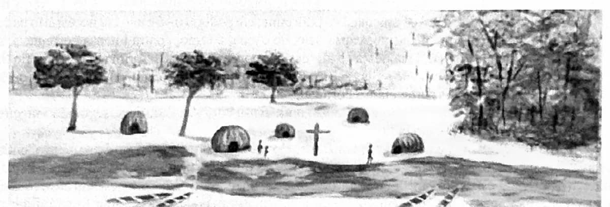 Desenho da Missão de Santa Teresa d'Ávila dos Axiuaris à beira do rio, com casas de palha alinhadas