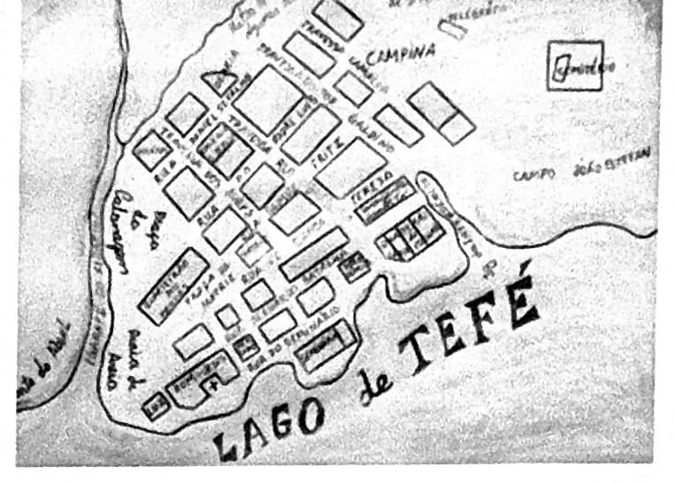 Croqui desenhado à mão da planta da cidade de Tefé, mostrando os quarteirões entre o lago e a rua da Campina