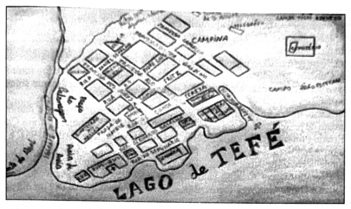 Croqui da planta da cidade de Tefé em 1940, com as quadras nomeadas e o lago de Tefé desenhado ao longo da margem