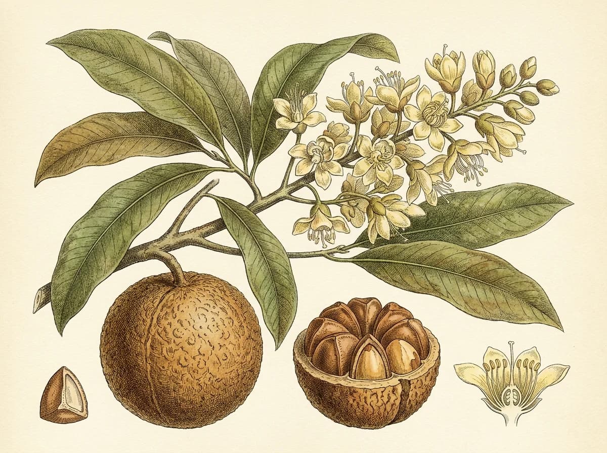 Prancha botânica da castanheira Bertholletia excelsa, mostrando o ramo com folhas, a inflorescência, o ouriço fechado e o ouriço aberto com as sementes