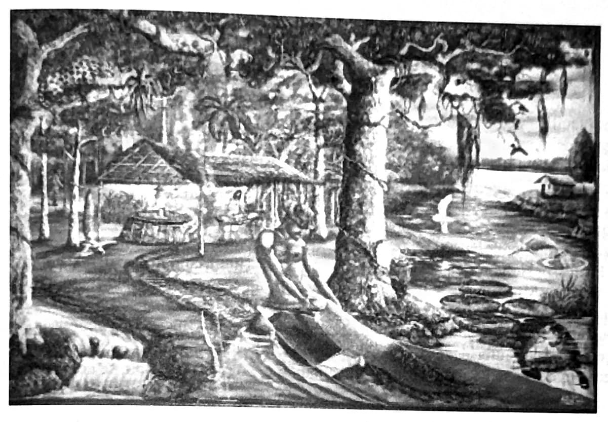 Pintura de paisagem amazônica do artista tefeense Antonio Seabra, com rio, floresta e céu